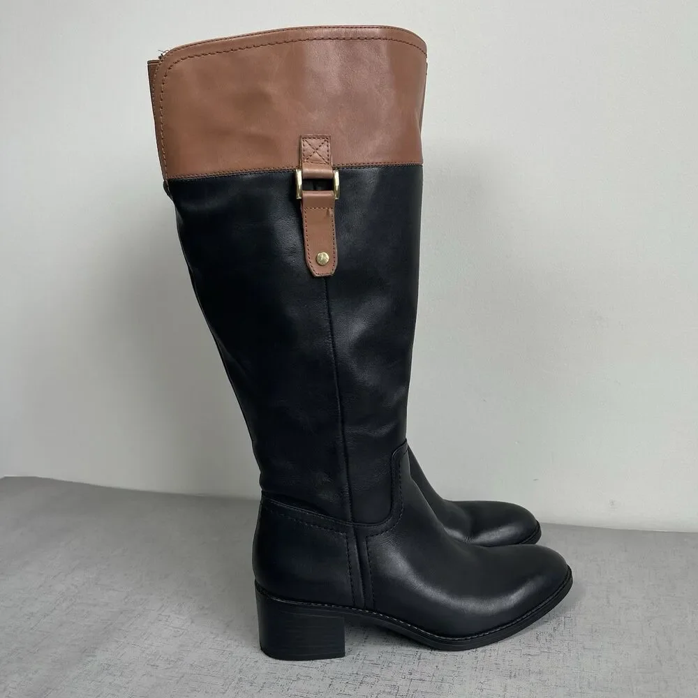 Franco Sarto Women's Black Brown Leather Tall‎ Riding Boots 7.5 Wide Calf